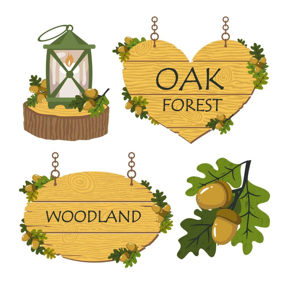 Wooden hanging signs with oak leaves and acorns set. Signs with a wood texture. Vintage lantern on an oak pedestal. Vector illustrated element.