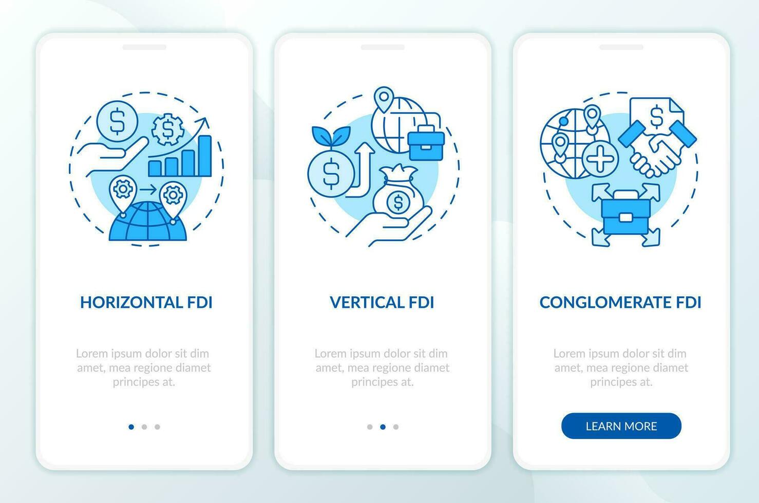 Blue thin line icons representing foreign direct investment mobile app screen set. 3 steps editable graphic instructions, UI, UX, GUI template. vector