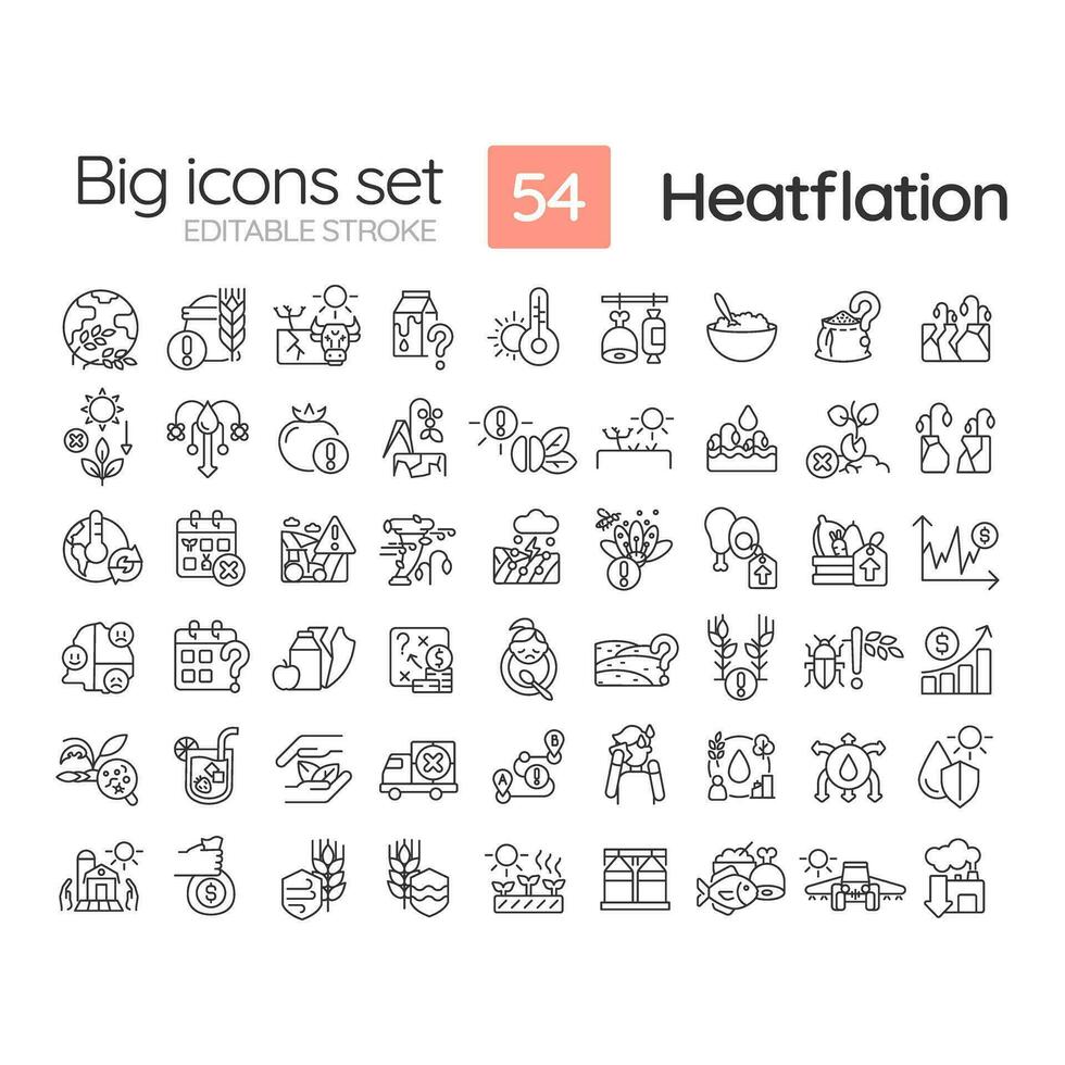 Customizable set of thin line big icons representing heatflation, isolated vector, global warming impact illustration. vector
