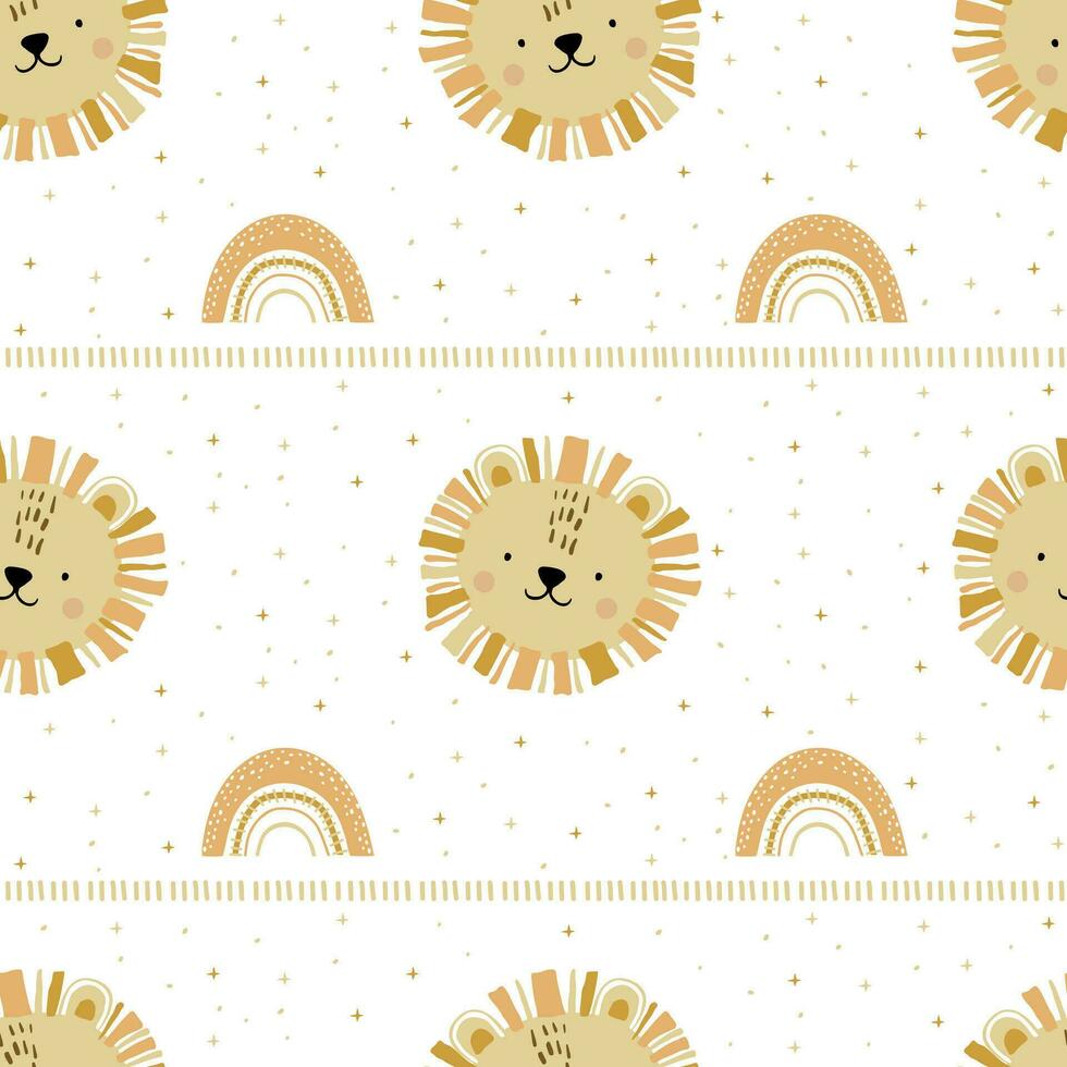 Cute lion head with rainbow and stars. Seamless pattern vector