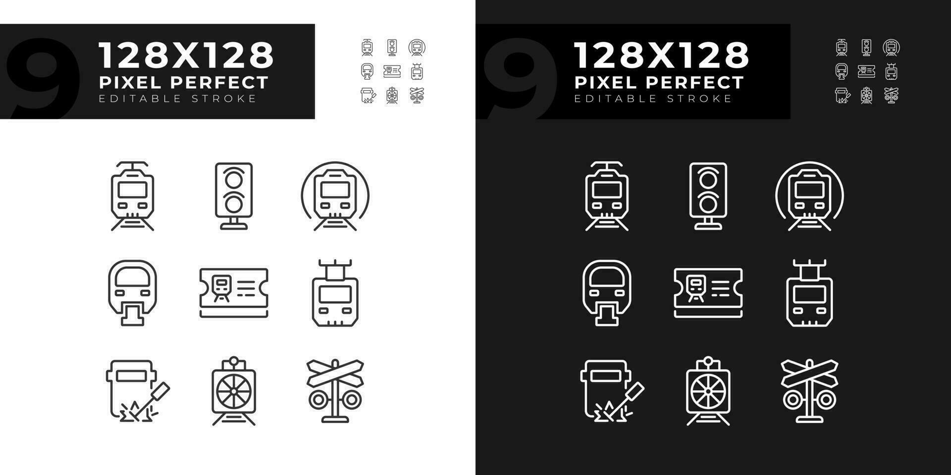 Railroad company pixel perfect linear icons set for dark, light mode. Train transportation. Locomotive engineering. Thin line symbols for night, day theme. Isolated illustrations. Editable stroke vector