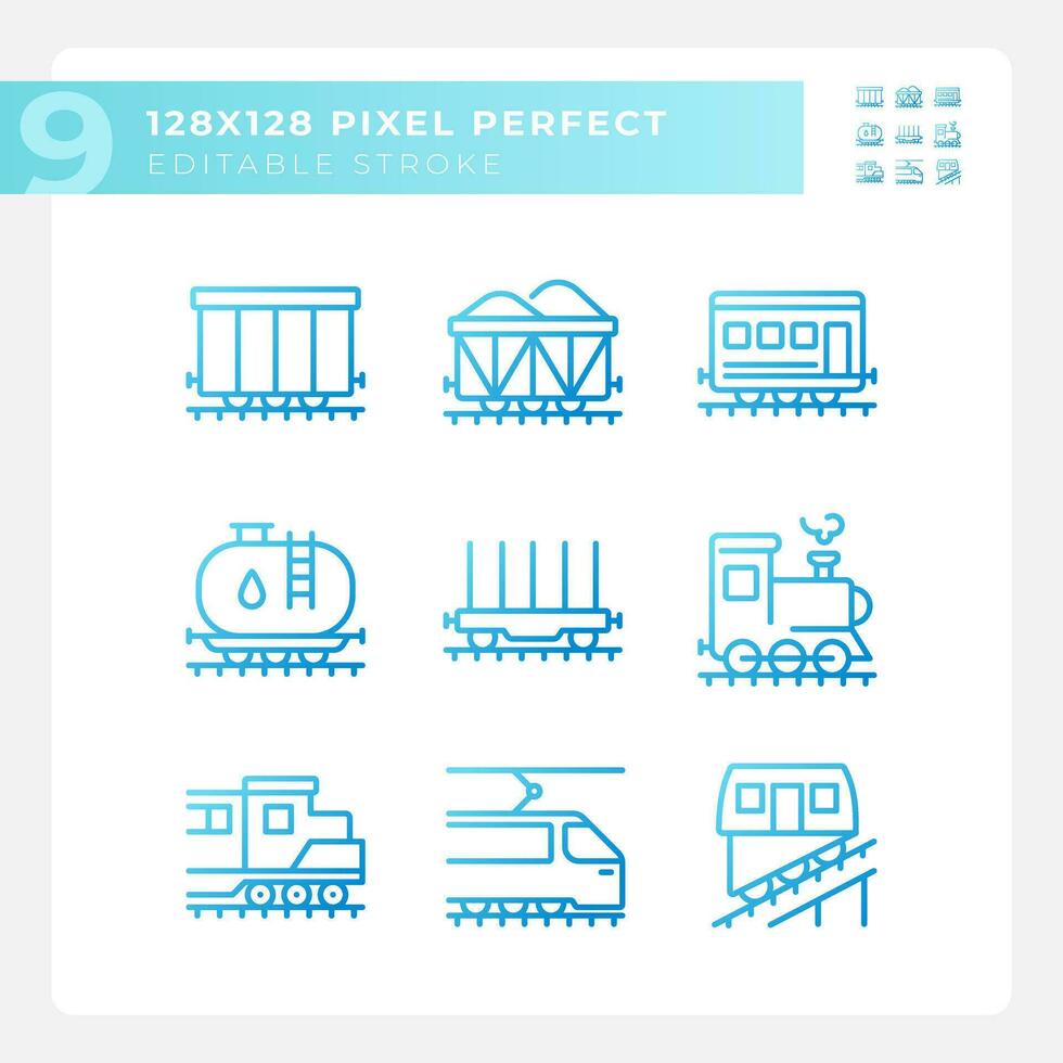 Railway logistics pixel perfect gradient linear vector icons set. Rail freight transport. Train wagon. Thin line contour symbol designs bundle. Isolated outline illustrations collection