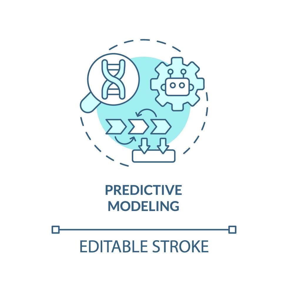 Predictive modeling turquoise concept icon. Analyze datasets of patient information. AI and ML in precision medicine abstract idea thin line illustration. Isolated outline drawing. Editable stroke vector