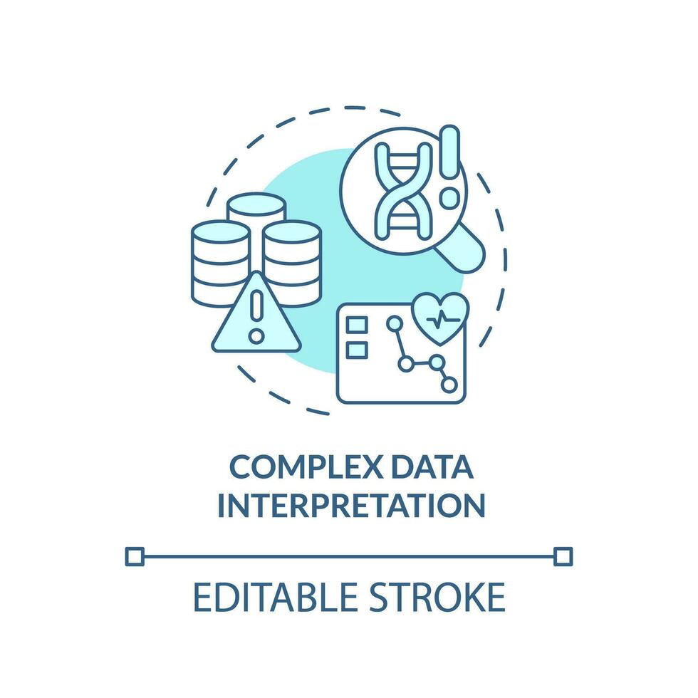 Complex data interpretation turquoise concept icon. Mistakes in research. Precision medicine challenge and limitation abstract idea thin line illustration. Isolated outline drawing. Editable stroke vector