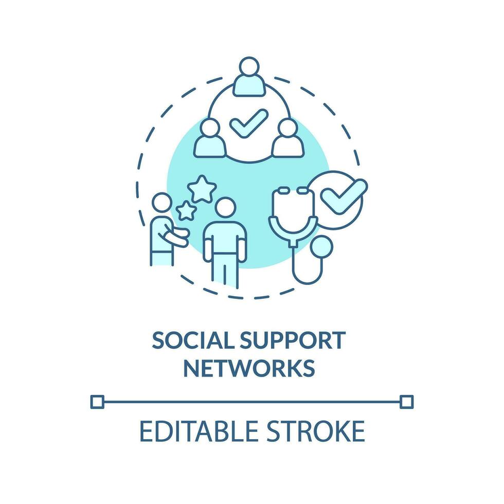 Social support networks turquoise concept icon. Promote good health and prevent illness. Public determinant of health abstract idea thin line illustration. Isolated outline drawing. Editable stroke vector