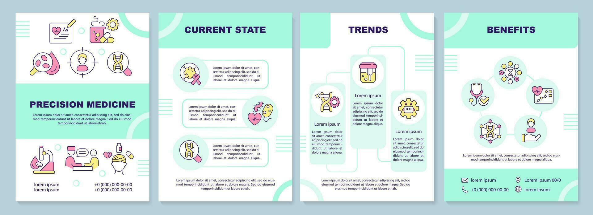 Precision medicine blue gradient brochure template. Genes studying. Leaflet design with linear icons. 4 vector layouts for presentation, annual reports