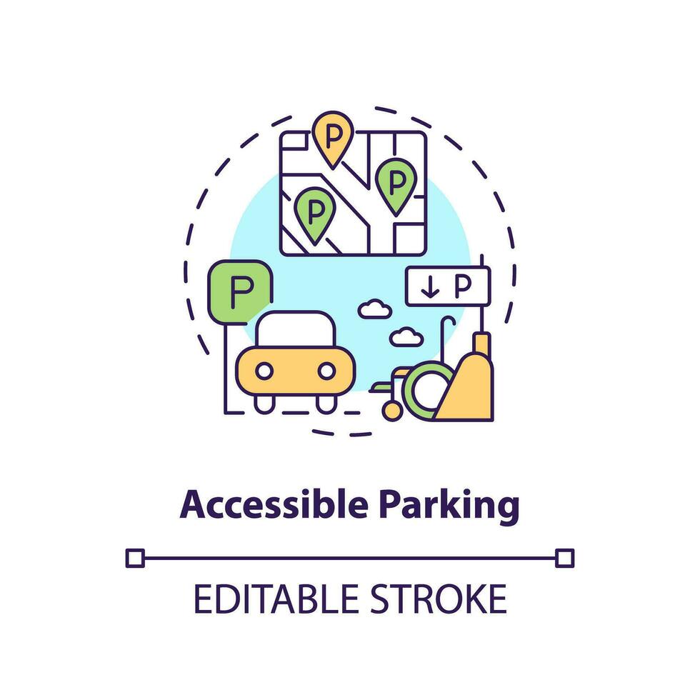 Accessible parking concept icon. Wheelchair transport. Disability support. Barrier free. Reserved parking abstract idea thin line illustration. Isolated outline drawing. Editable stroke vector