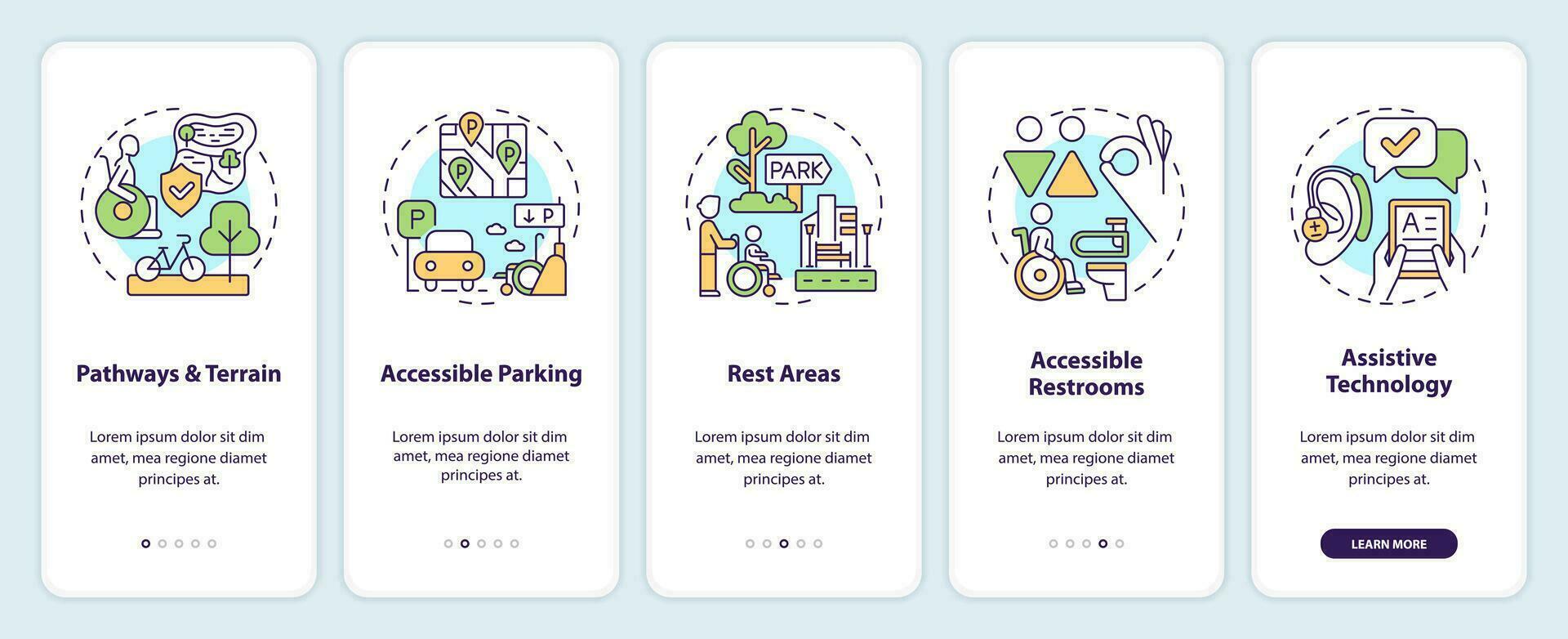 Creating accessible outdoors onboarding mobile app screen. Safe space walkthrough 5 steps editable graphic instructions with linear concepts. UI, UX, GUI template vector