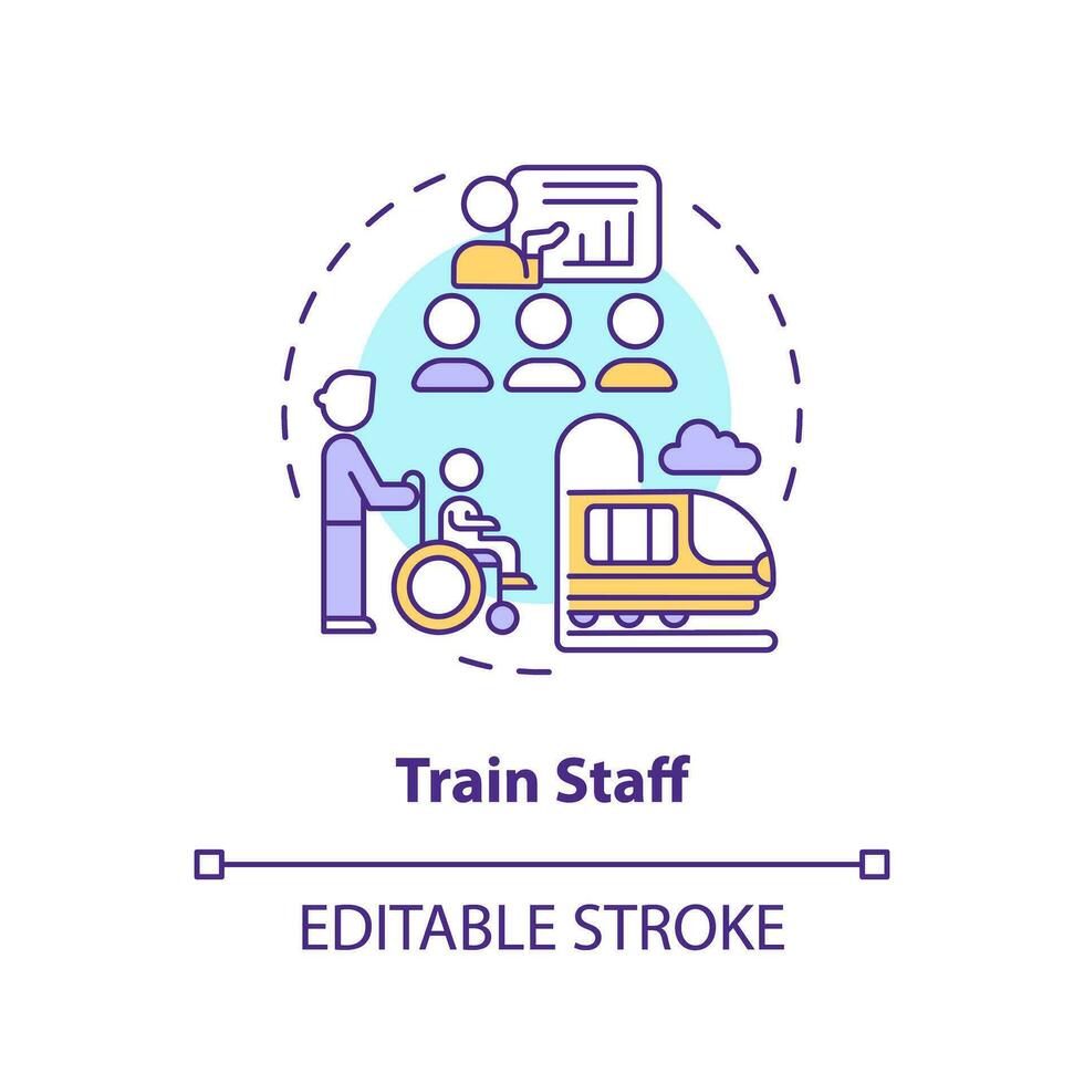 Train staff concept icon. Cultural sensitivity. Disability assistance. Travel experience. Customer service abstract idea thin line illustration. Isolated outline drawing. Editable stroke vector