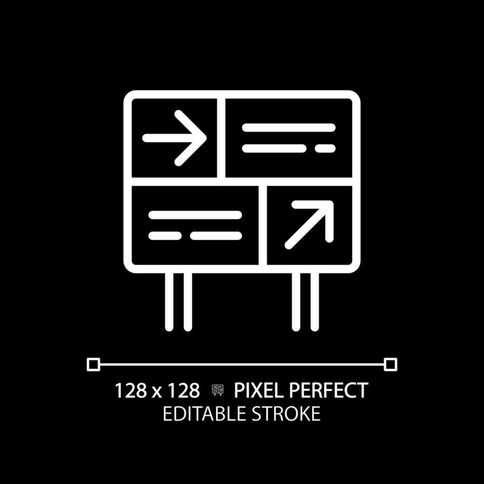 Directional sign pixel perfect white linear icon for dark theme. Train station. Navigation system. Railway platform. Thin line illustration. Isolated symbol for night mode. Editable stroke vector