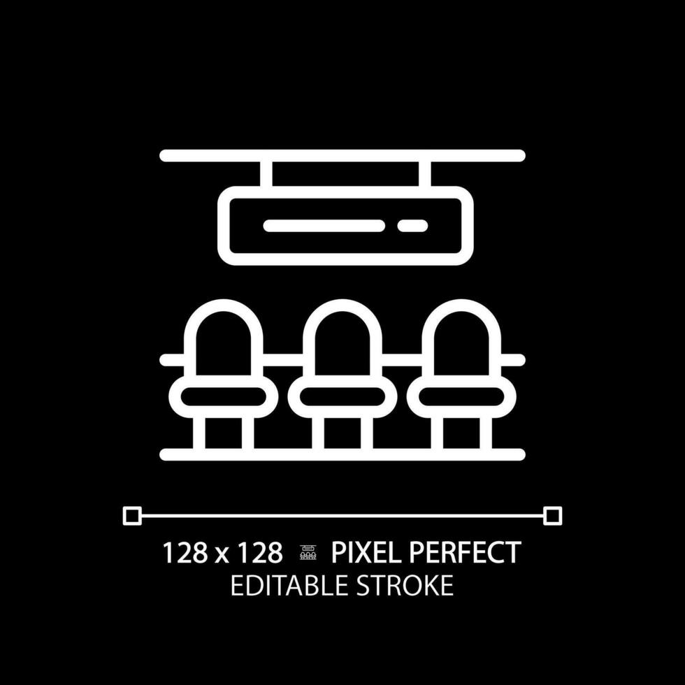 Waiting hall pixel perfect white linear icon for dark theme. Railway station. Passenger terminal seats. Departure gate. Thin line illustration. Isolated symbol for night mode. Editable stroke vector