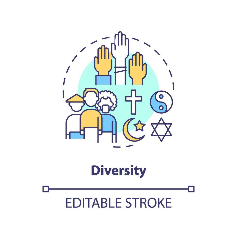 Diversity concept icon. Cross cultural communication. Ethnic group. Racial equality. Religious freedom. Social inclusion abstract idea thin line illustration. Isolated outline drawing. Editable stroke vector