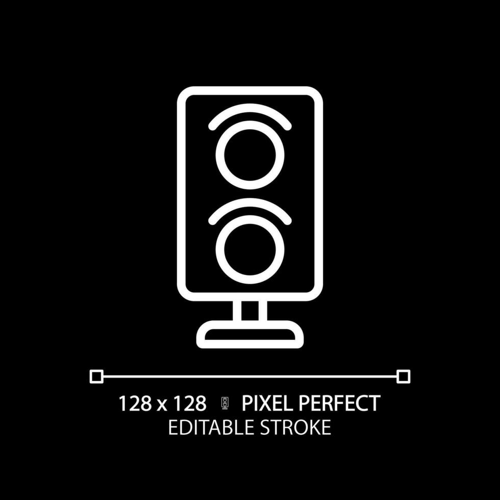 Railway signalling pixel perfect white linear icon for dark theme. Traffic light system. Infrastructure control. Thin line illustration. Isolated symbol for night mode. Editable stroke vector