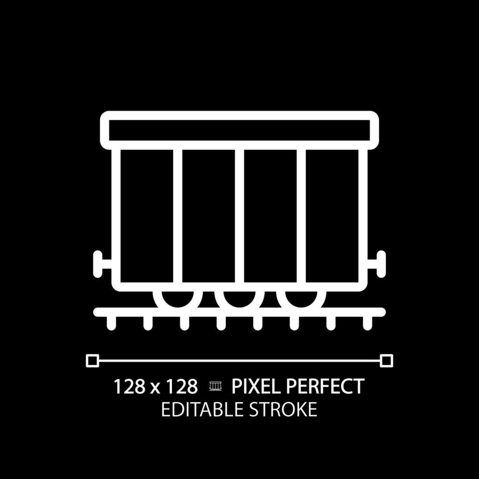 Cargo railroad carriage pixel perfect white linear icon for dark theme. Wagon train. Freight transport. Railway container. Thin line illustration. Isolated symbol for night mode. Editable stroke vector