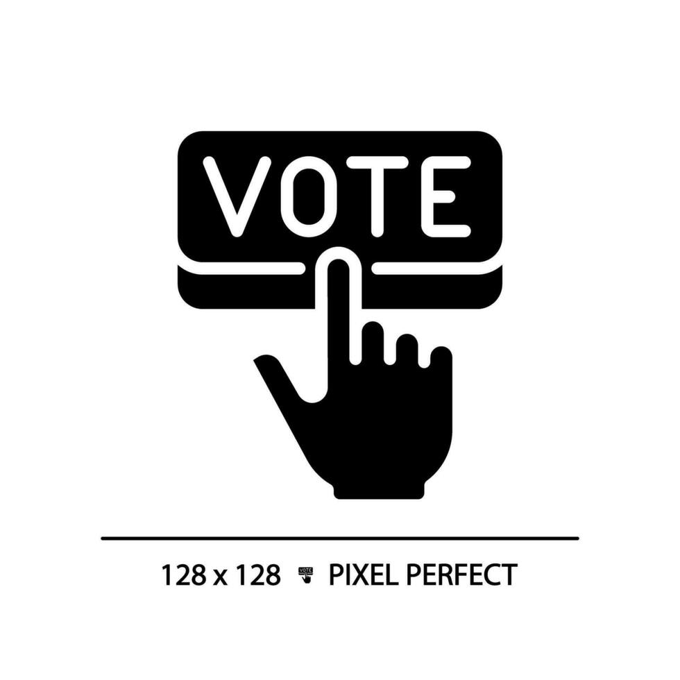 píxel Perfecto glifo estilo icono de mano prensado votar, vector ilustración representando votación, plano diseño elección signo.