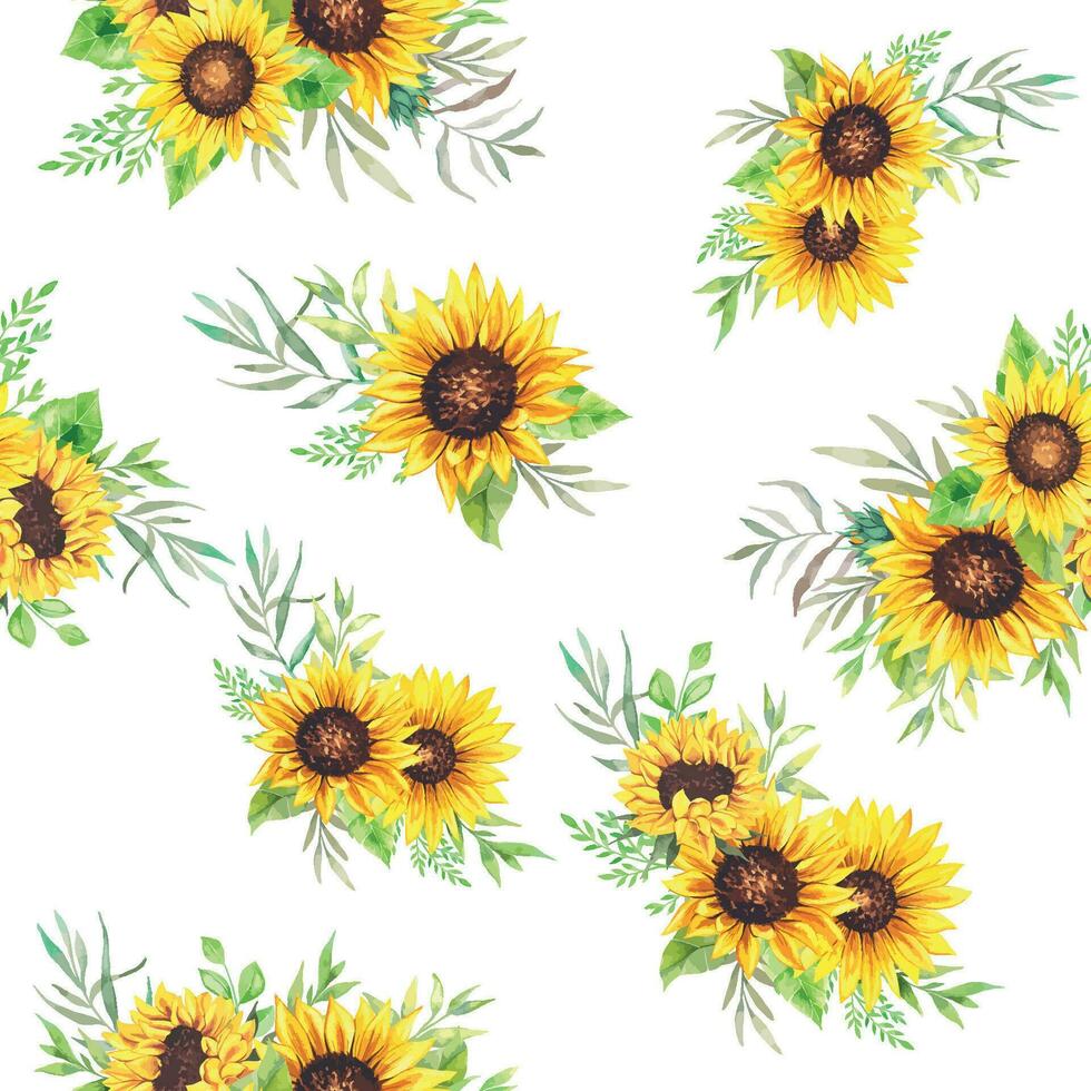 Elegant floral Seamless pattern with watercolor sunflowers and greenery vector