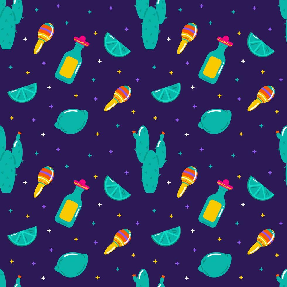 Vector flat Mexico seamless pattern with tequila, lime, maracas and cactus