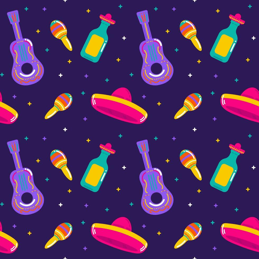 Vector flat Mexico seamless pattern with tequila, guitar, maracas and sombrero