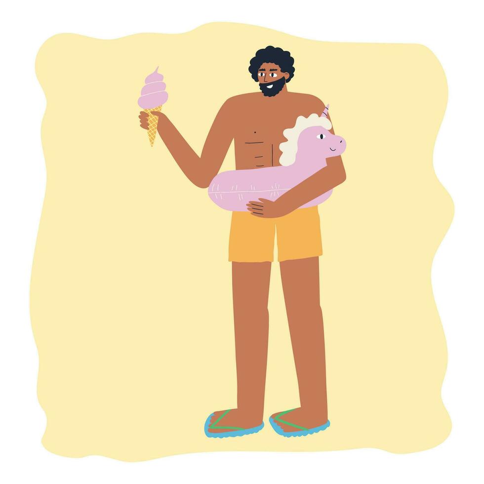 man in shorts with ice cream and swimming lap. summer, beach, rest. hand drawn vector illustration in flat style