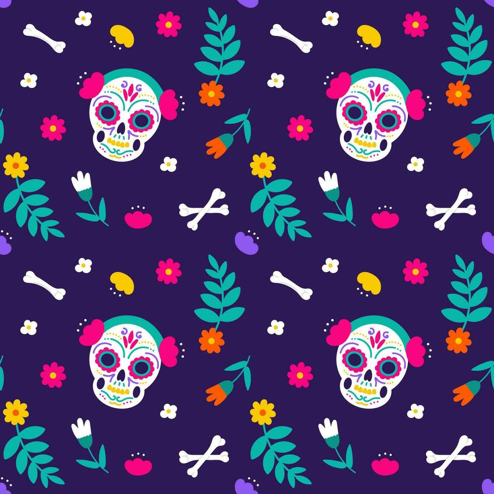 Dia de muertos seamless pattern element set with skull and bones. Day of the dead vector