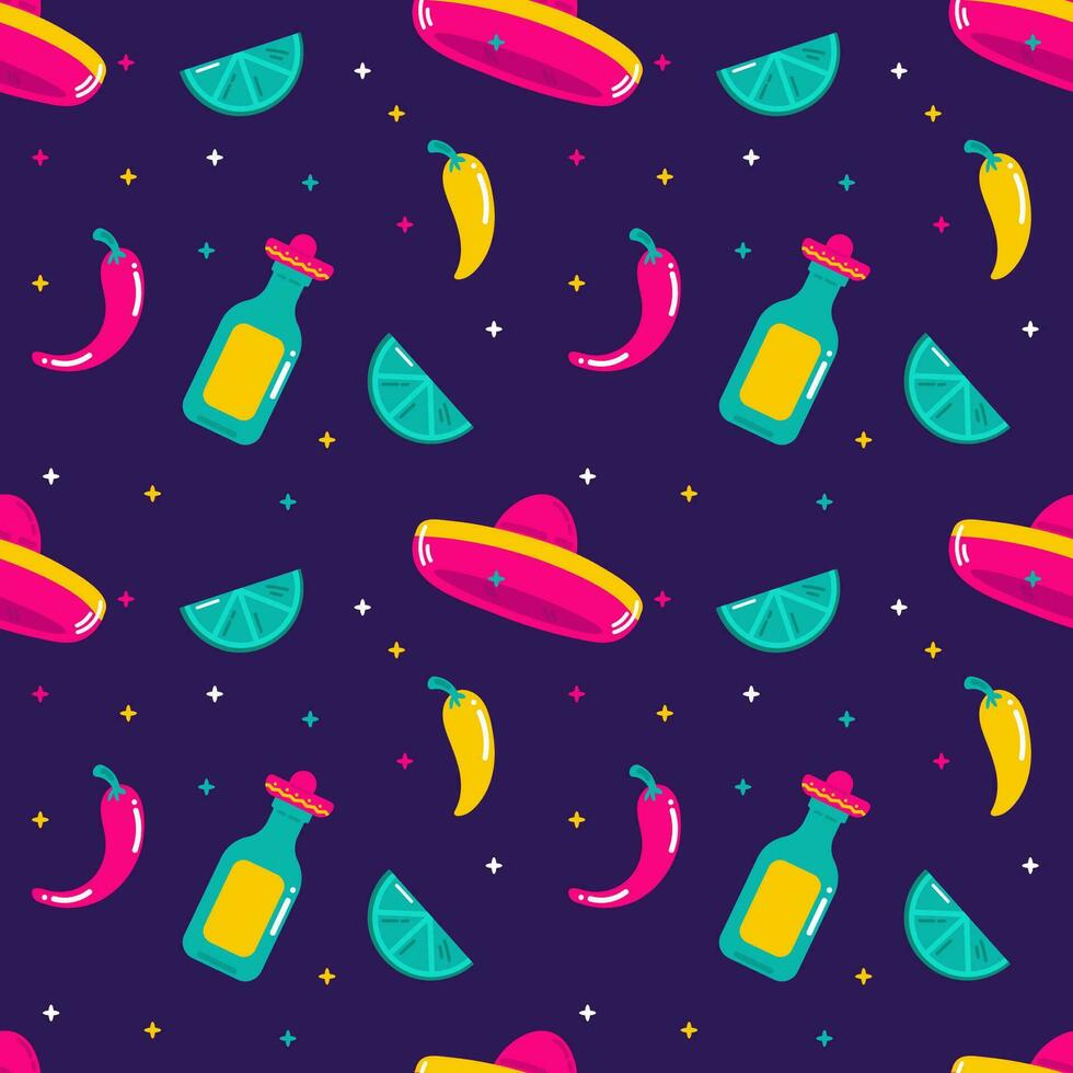Vector flat Mexico seamless pattern with tequila, lime, pepper and sombrero