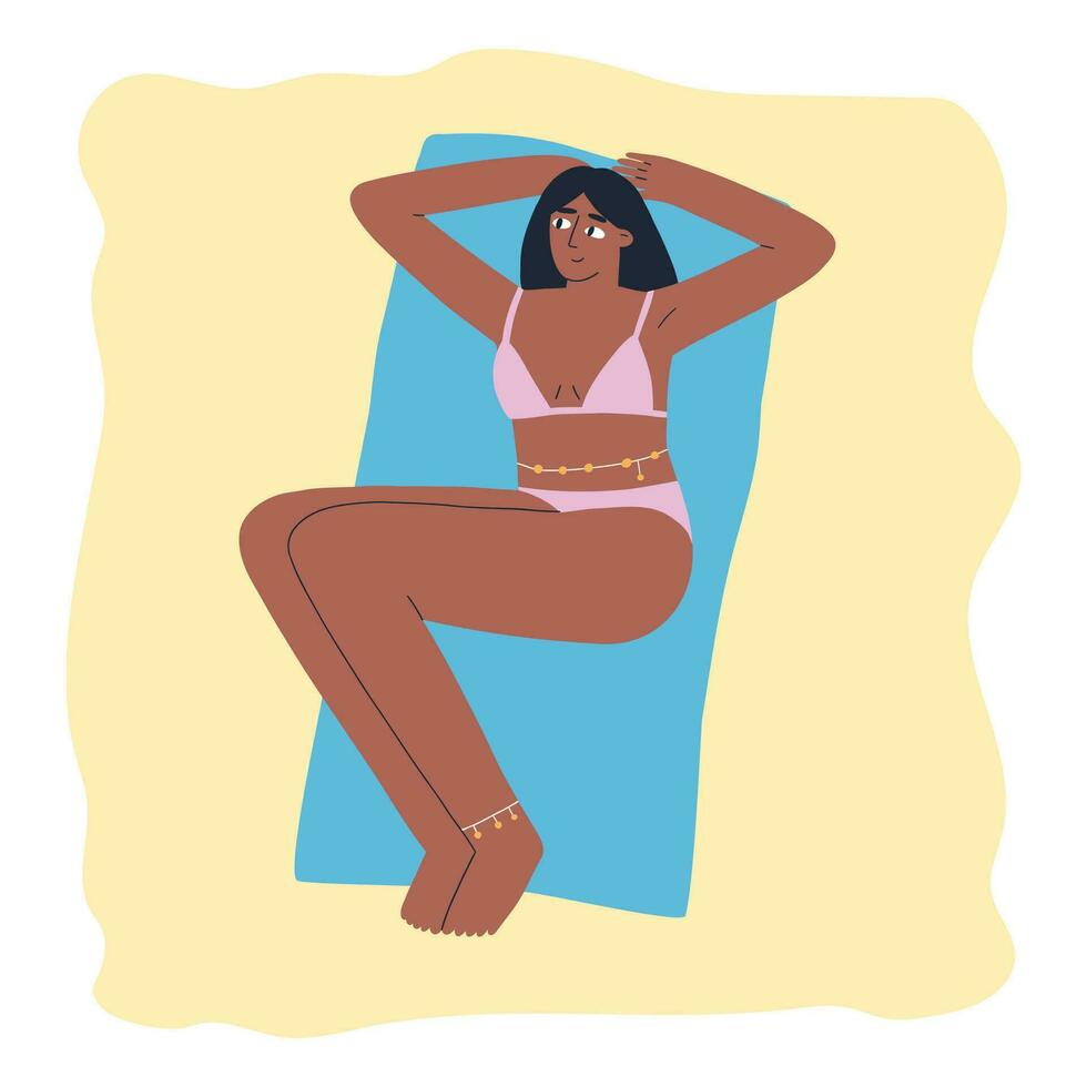 a woman in a swimsuit lies on the sand. rest, summer, sea. hand drawn vector illustration in flat style