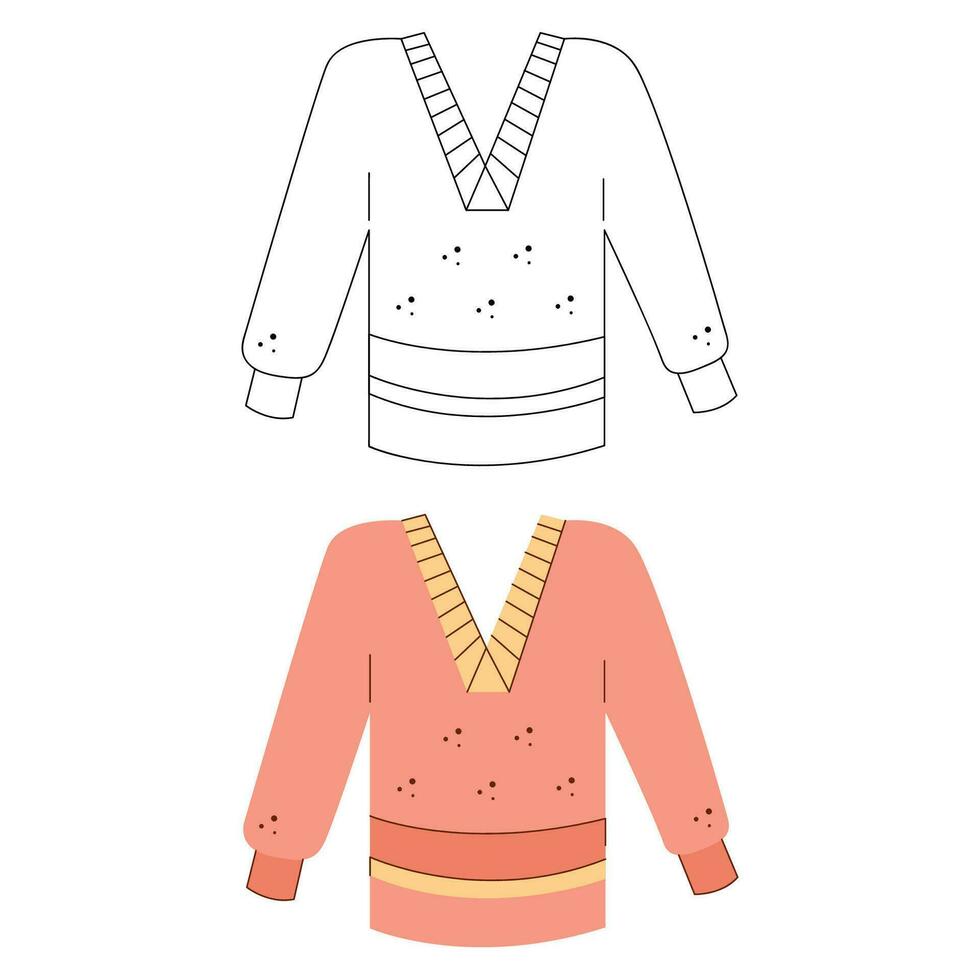 Warm pink jumper. Black and white and color clipart vector illustration.