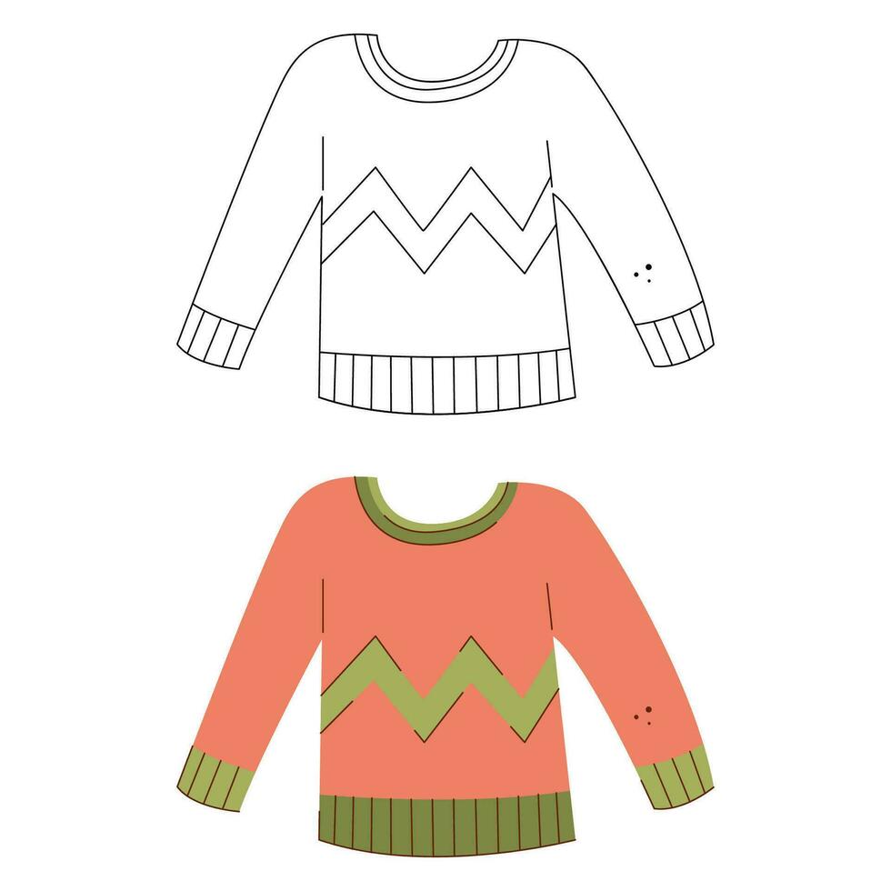 Warm jumper with zigzag pattern. Black and white and color clipart vector illustration.