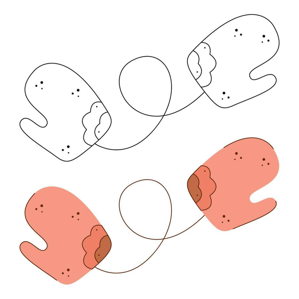 Mittens with elastic band. Black and white and color clipart vector illustration.