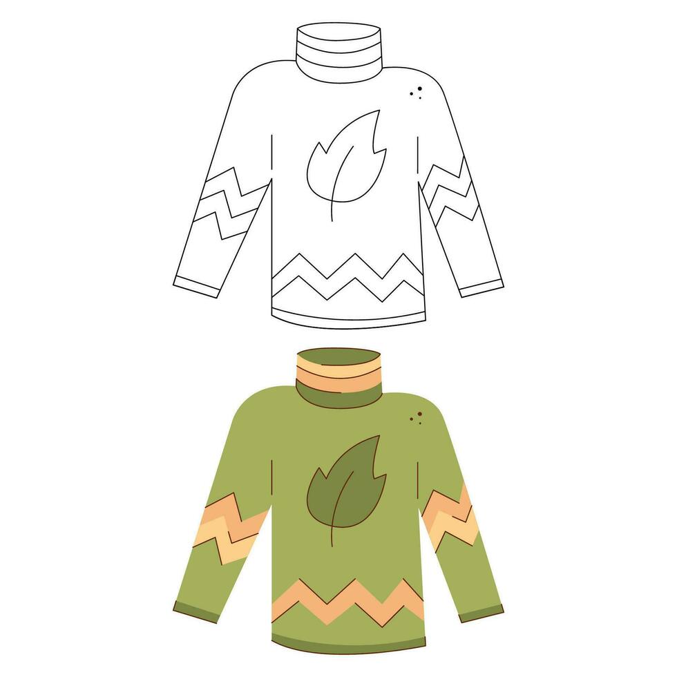 Warm sweater with zigzag pattern and leaf. Black and white and color clipart vector illustration.