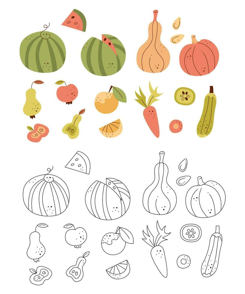 conjunto con otoño frutas y vegetales. negro y blanco y color clipart vector ilustración.