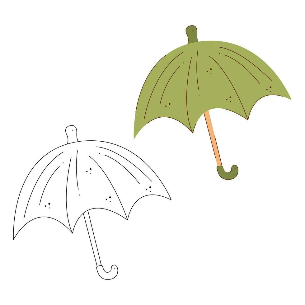 Green umbrella. Black and white and color clipart vector illustration.