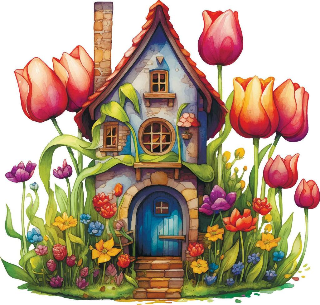 watercolor drawing. cute house in spring flowers tulips and daffodils. fairy house in vintage style, autumn card vector