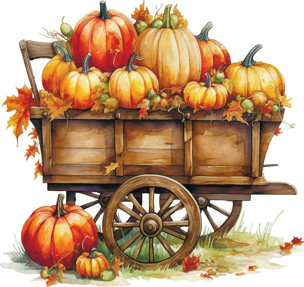 acuarela dibujo. otoño vagón con cosecha, con calabazas y flores en Clásico estilo. acción de gracias tarjeta decoración, otoño, cosecha festival vector