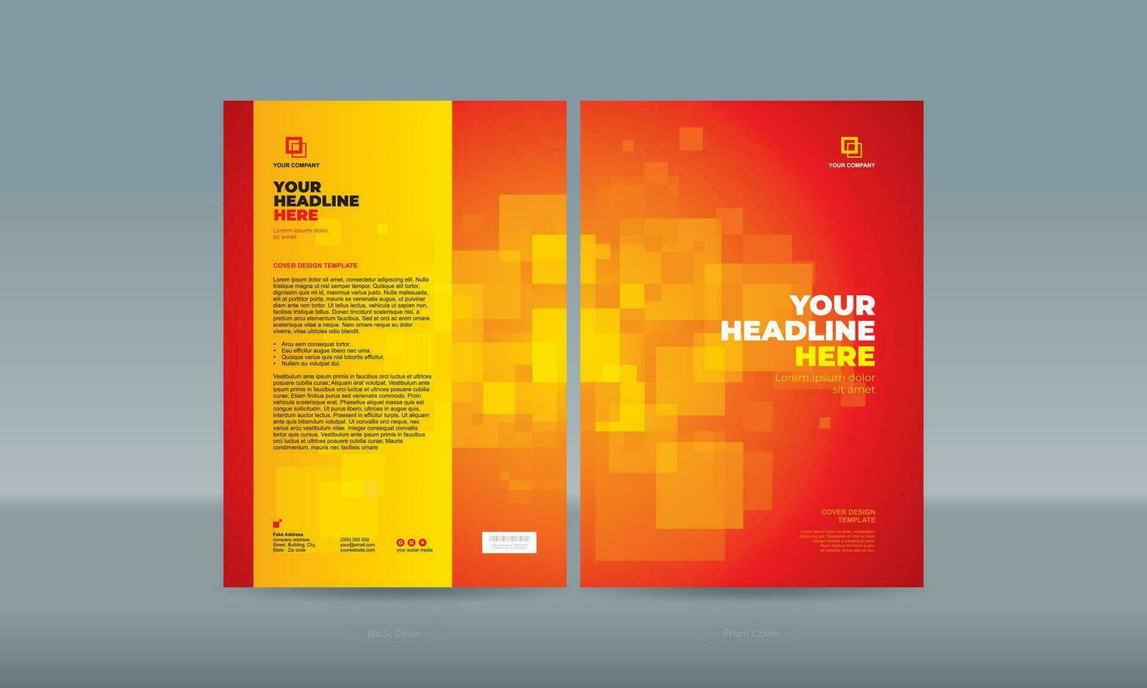 Random stacked transparent yellow squares on red gradation background, front, and back side. A4 size book cover template for annual report, magazine, booklet, proposal, portfolio, brochure, poster vector