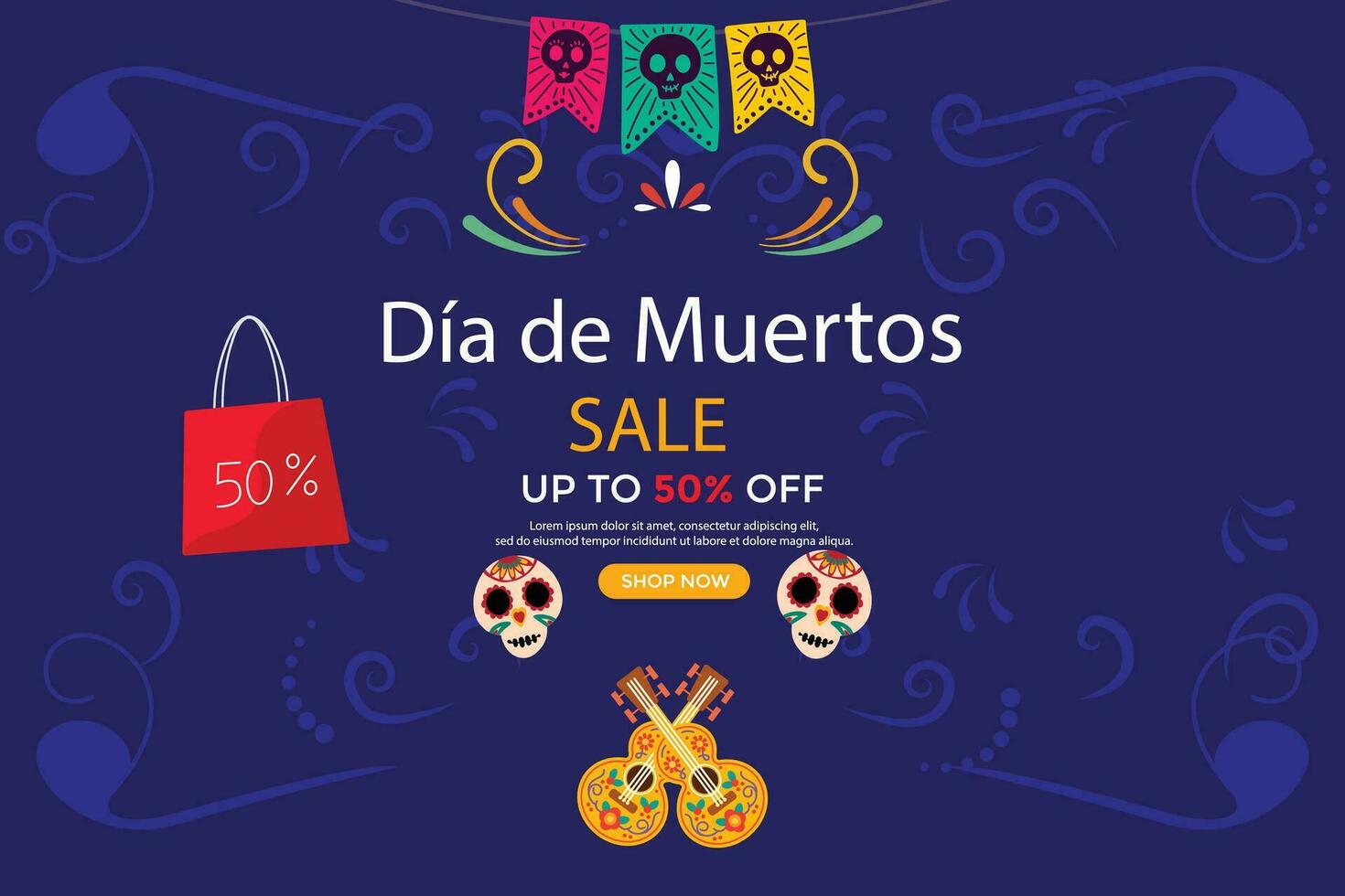 Hand drawn flat dia de muertos sale background vector