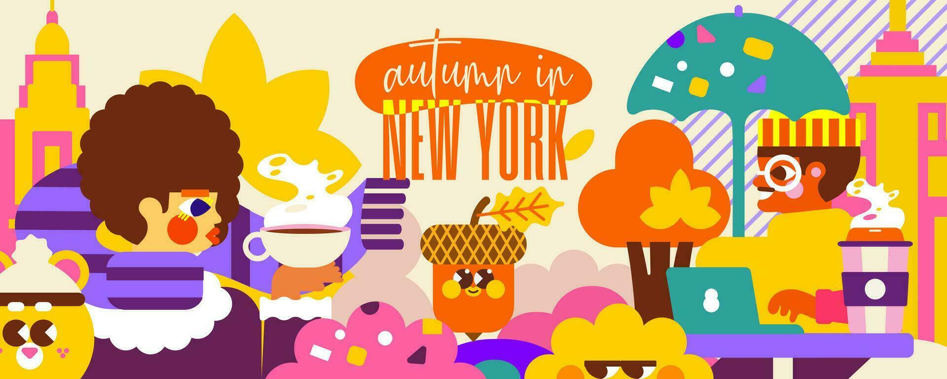 Immerse yourself in autumn in New York with this vibrant illustration. Yellow, falling leaves, warm rain, a mug of hot tea, and a cozy sweater. Feel the energy of the city among the people. vector