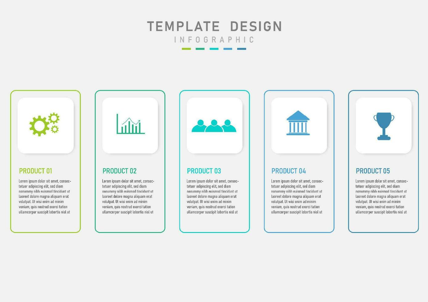 Business infographic template simple step 5 product options top white square with multi colored icons bottom center with lettering Outer multicolored square frame gray gradient background vector