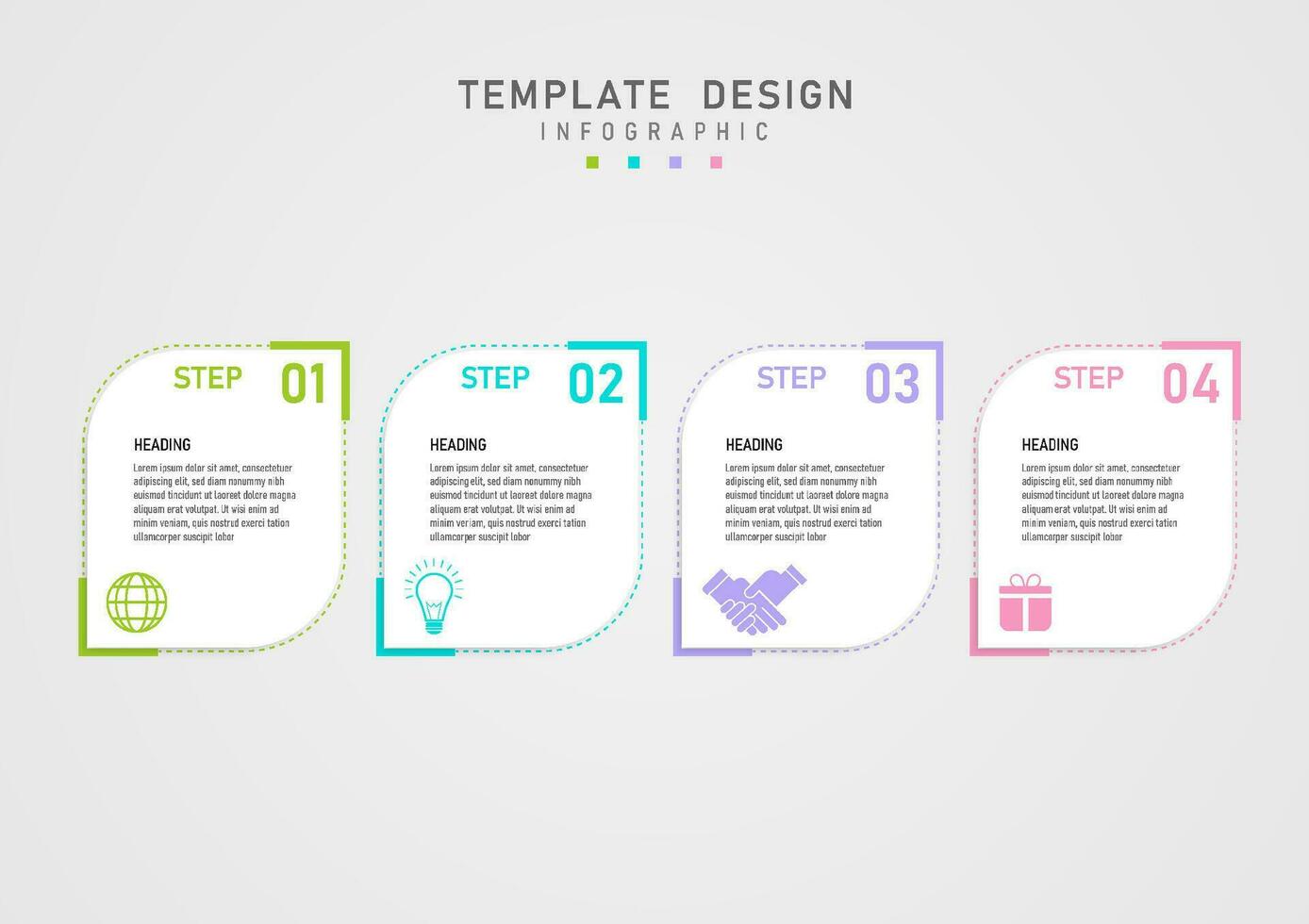 infografía modelo 4 4 negocio pasos blanco agudo cuadrícula y multi color marco números en el Superior Derecha esquina inferior izquierda esquina icono gris degradado antecedentes diseño para marketing, producto, proyecto vector