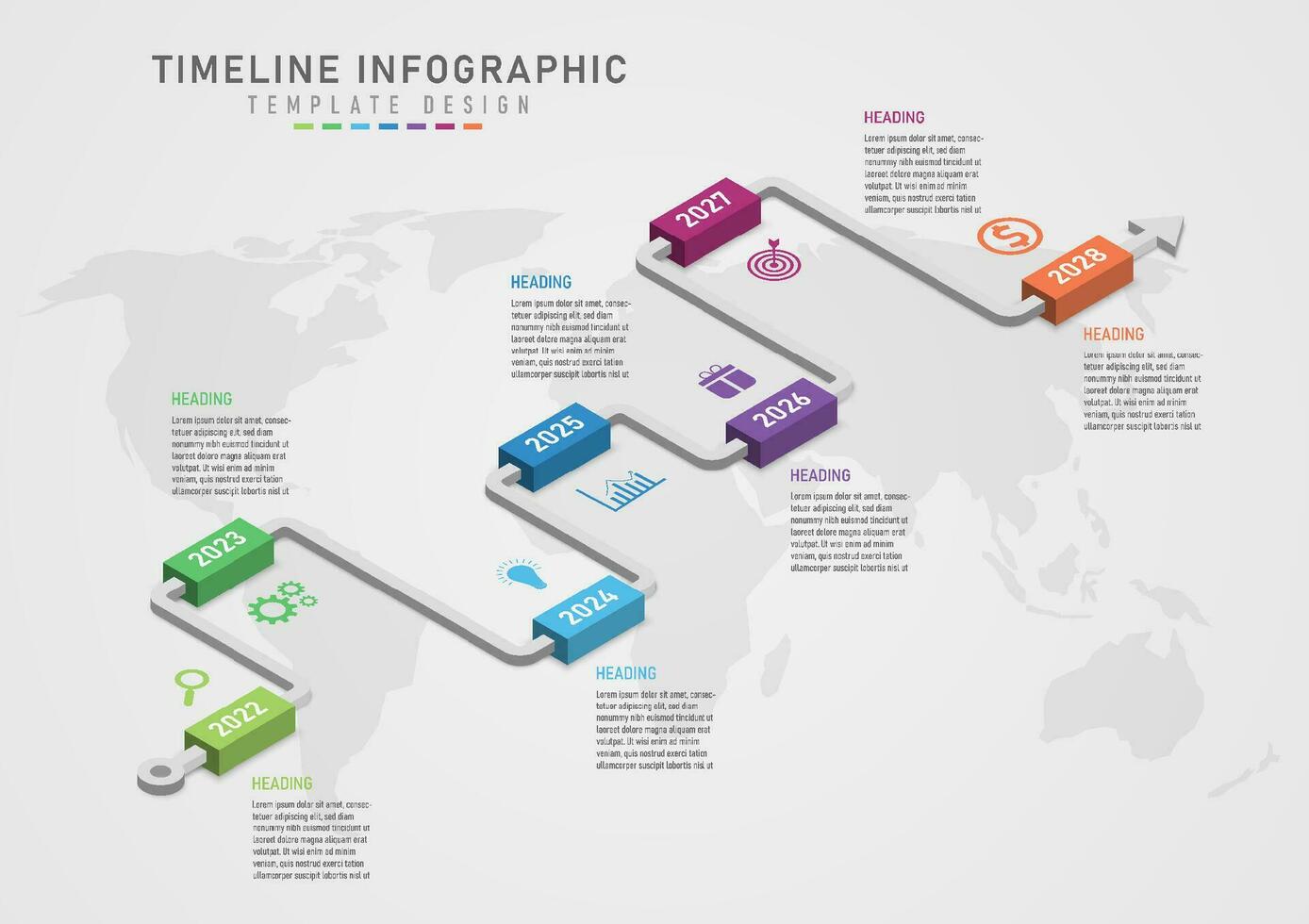 3d infografía cronograma 7 7 años gris centrar navegación flecha multicolor polígonos con blanco números encima el izquierda y Derecha isométrica íconos con letras. mapa abajo gris degradado antecedentes vector