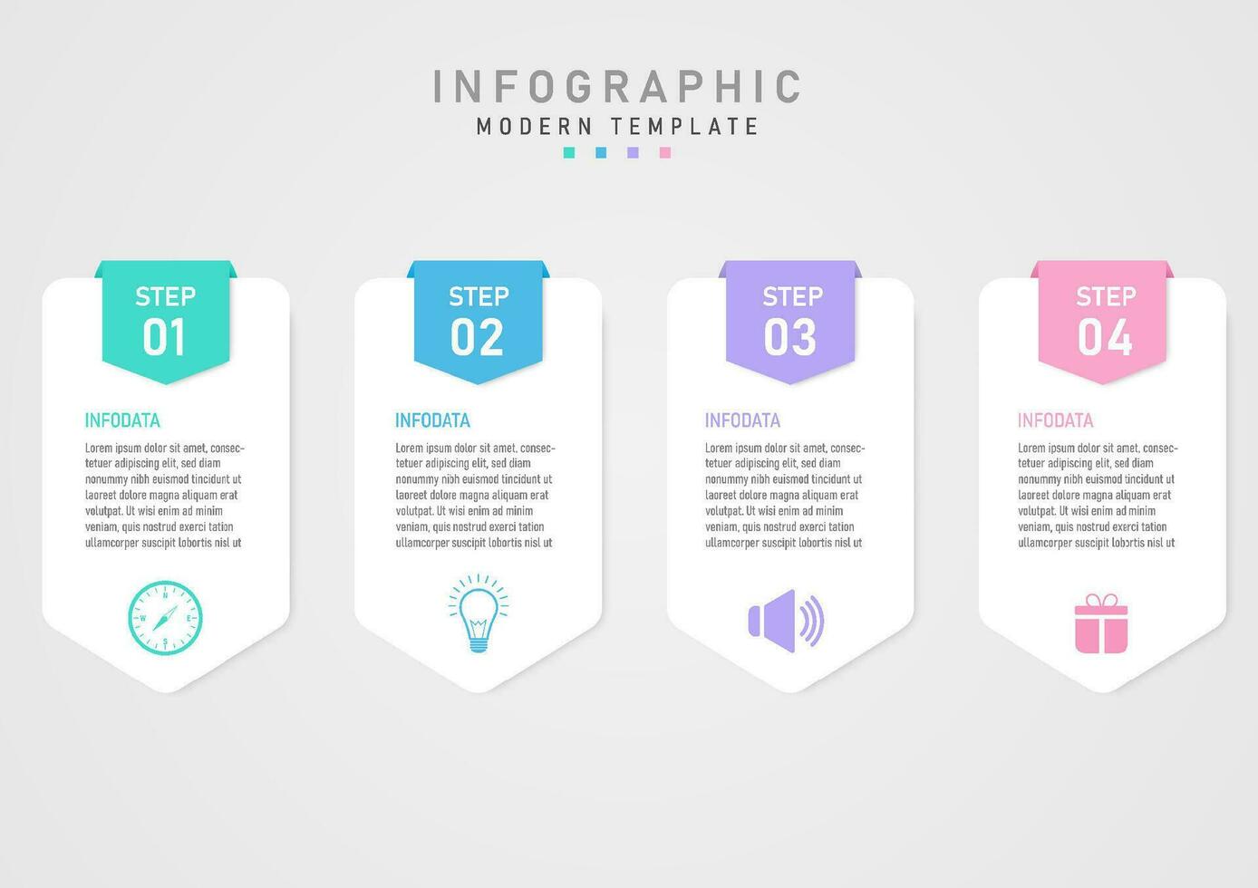 infographic template simple 4 steps business white pointed squares with letters and icons below with multi colored pointed squares above with white numbers in the middle. gray gradient background vector