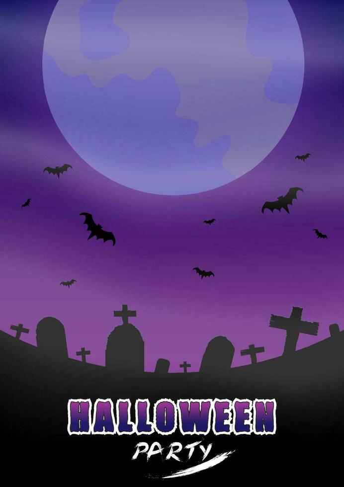 purple twilight halloween party carnival background top moon bats in the sky The ground below had graves and the foggy cemetery above. For posters, cards, decorations, invitations. vector