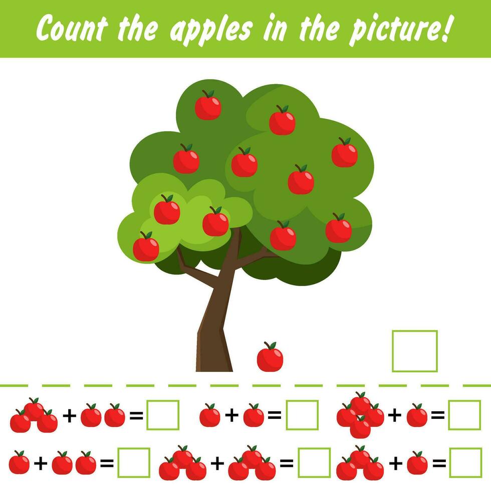 Mathematical task for children. Count how many apples there will be in the examples. Preschool education. vector