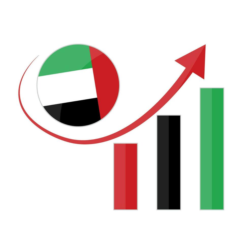 Round United Arab Emirates flag and rising bar chart icon. Vector. vector