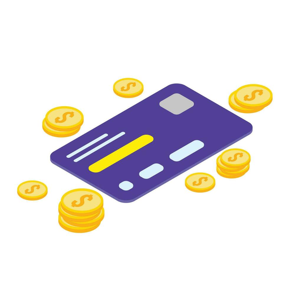 Credit card. Isometric perspective. Card with coins around. Vector illustration