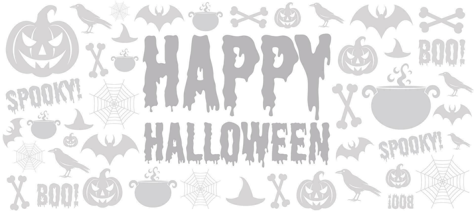 Happy halloween banner. White halloween background with pumpkin, bat, bones, crow, caldron. Halloween theme. vector