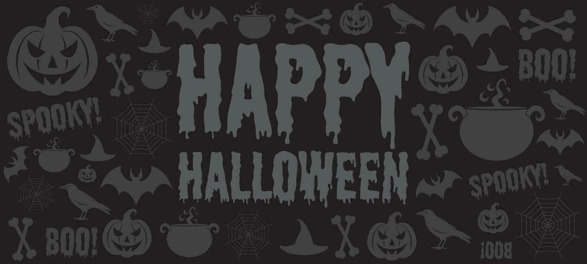 Happy halloween banner. White halloween background with pumpkin, bat, bones, crow, caldron. Halloween theme. vector