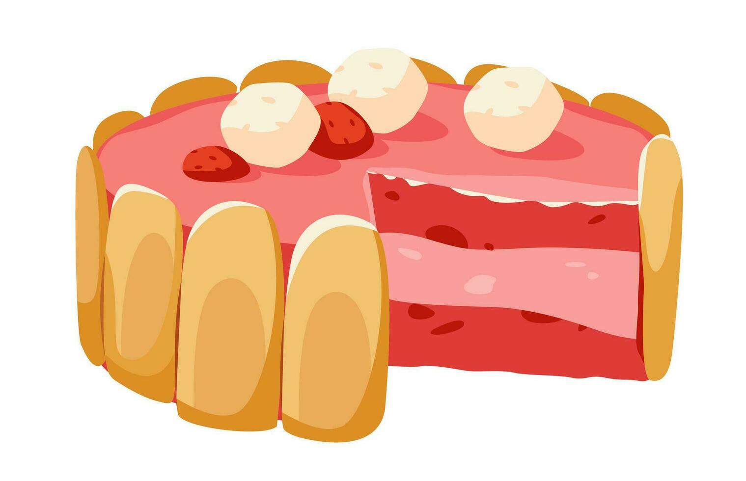 Strawberry Charlotte Cake. Cake with mascarpone cookies and strawberries. Vector illustration of a sweet dessert. Homemade cakes.