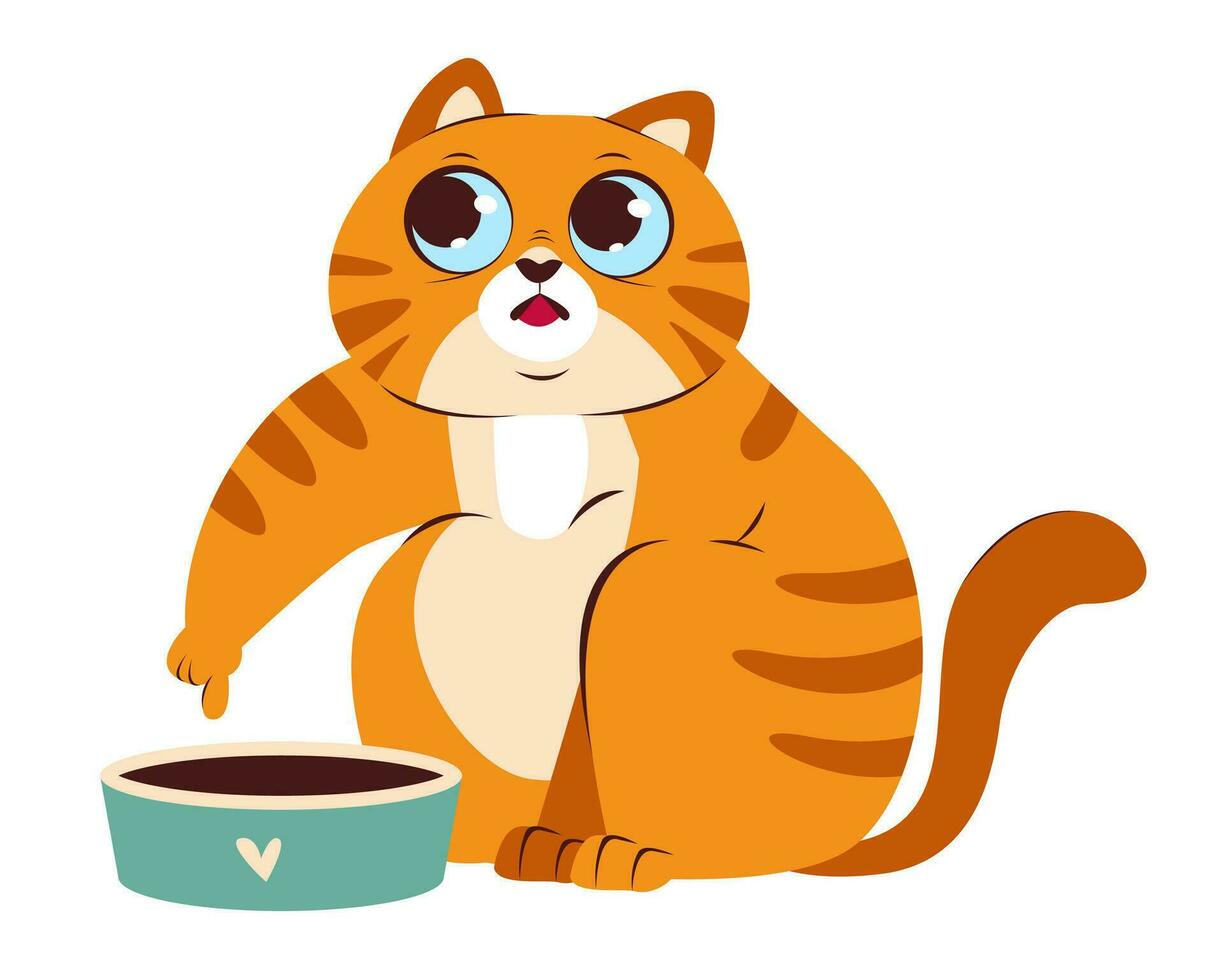 Hungry red cat. Funny illustration of the life of a pet. Cartoon vector illustration.