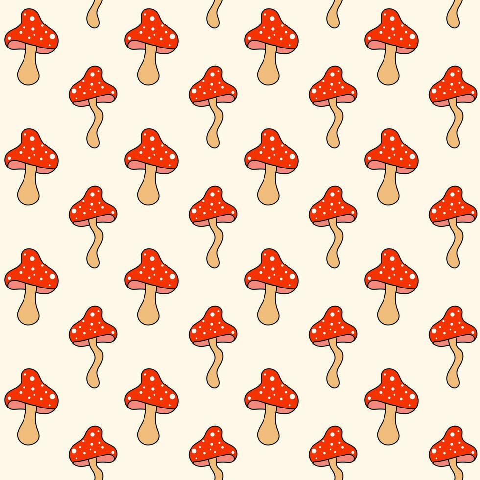 Retro 70s 60s 80s Hippie Groovy mushrooms fly agarics seamless pattern. Vector illustration. Boho style background.